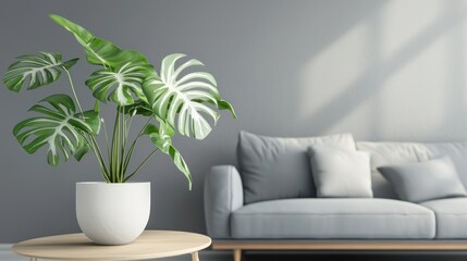 A rare monstera albo plant with stunning white variegation in a sleek, modern living space 