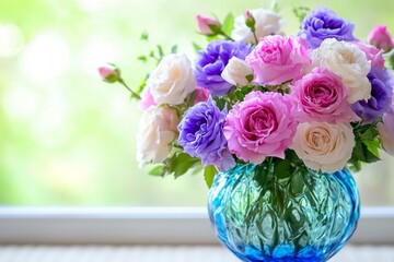 A bouquet of pink, white, and purple roses in a blue vase by a window.