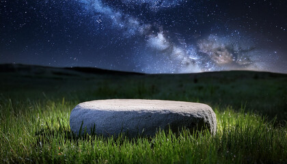 Stone podium in grassy field against night sky. Natural landscape. Display product presentation