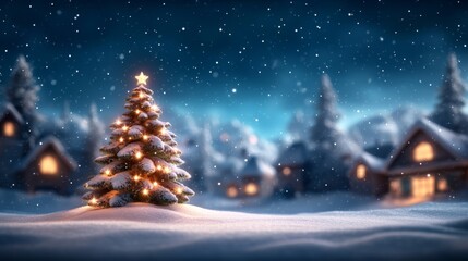 Obraz premium Snow-covered Christmas tree glowing in a winter wonderland