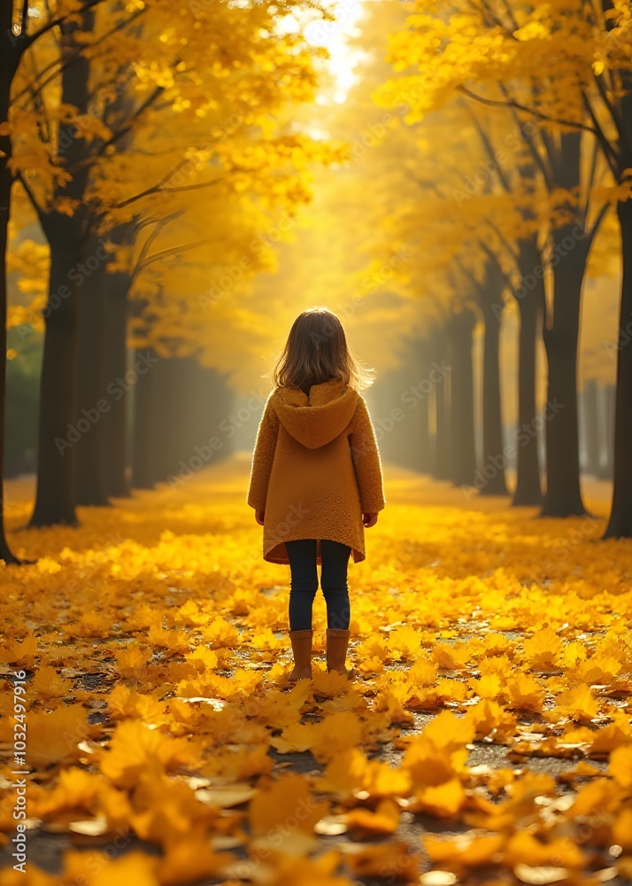 Poster girl creates artwork from fallen yellow leaves using generative ai technology.