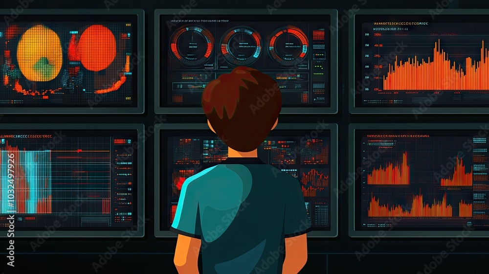 Poster a man working in a data center, surrounded by multiple monitors displaying real-time charts, system 