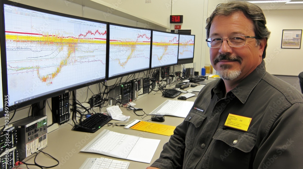 Poster a man working as an operator specialist in a computer data center, focused on multiple monitors disp