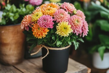 A close-up of a bouquet of pink, yellow, and orange flowers in a black vase. The flowers are in focus, while the background is blurred.