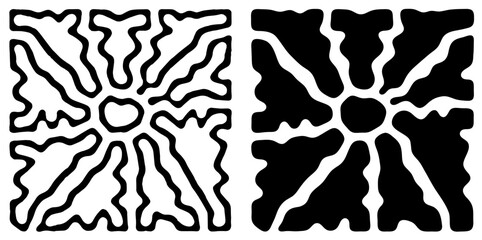 Abstract groovy sun design with organic black and white shapes in a bold geometric pattern