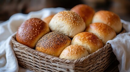 Freshly baked assorted bread rolls in a wicker basket, showcasing a variety of textures and seeds, perfect for a cozy breakfast setting.