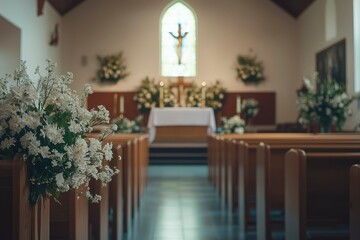 White Flowers and Wooden Pews in a Church Interior