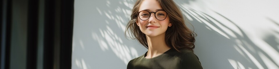 Obraz premium A woman wearing glasses and a green dress stands in front of a white wall. She is smiling and looking at the camera