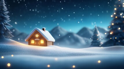 Fototapeta premium Cozy winter cabin surrounded by snowy mountains at night