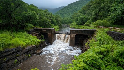 A river bursting through a dam, unleashing floodwaters downstream, dam break flood, uncontrolled water