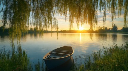A serene sunset over a calm lake with a boat and willow branches framing the scene.