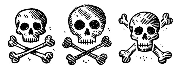 set of human skulls with crossed bones in sketch style black vector