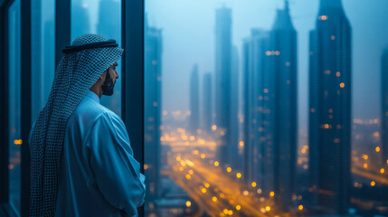 A man in traditional attire gazes at a stunning Dubai skyline during sunset through a panoramic glass window