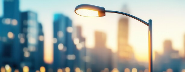 Naklejka premium Street lamp illuminating an urban skyline at sunset.