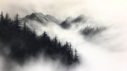 A misty mountain landscape with dark trees and fog, evoking a sense of tranquility.
