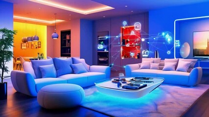 A modern living room with futuristic lighting and smart technology integration.