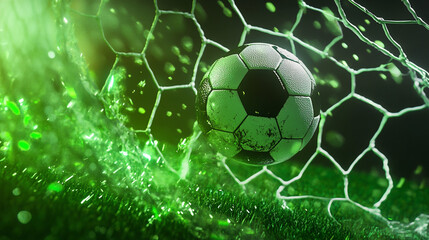 Soccer Ball Goal Net Green Particles Dramatic Sport Action