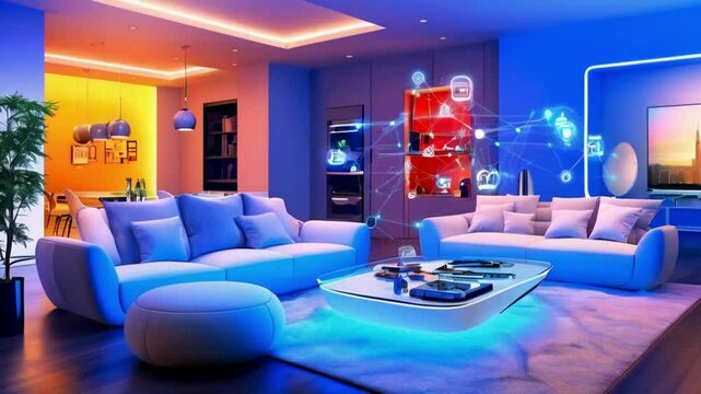 A modern living room with futuristic lighting and smart technology integration.