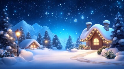 Enchanting winter landscape with cozy cottages and snowflakes