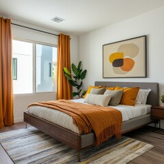 Modern Bedroom Interior with Orange and Grey Decor and a Large Window