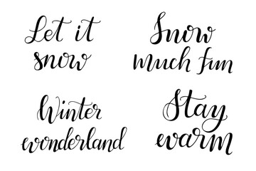 Set of hand drawn calligraphy lettering with text related to winter. Greeting card template for winter holidays banner, postcard, greeting card. Black vector lettering isolated on white background