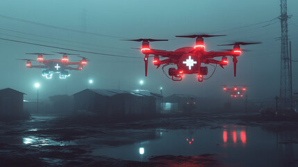Red Medical Drones Flying in Foggy Night  Futuristic Healthcare  Technology  Emergency Res