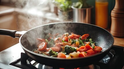 A frying pan filled with fresh ingredients on the stove, representing the joy and creativity of home-cooked meals
