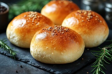 Freshly baked golden buns with sesame seeds on slate, surrounded by aromatic rosemary, creating a warm and inviting culinary scene.
