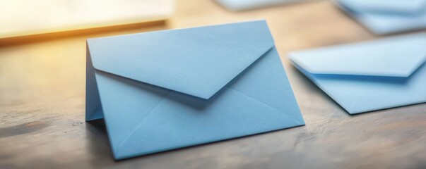 Neatly Arranged Blue Blank Envelopes on Wooden Surface