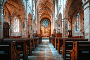 Aisle and Pews in an Empty Stone Church with Stained Glass Windows