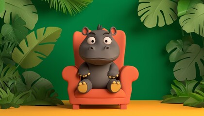 Naklejka premium A grumpy baby hippo sitting on a throne, detailed 3D cartoon style, lush jungle background, sarcastic attitude