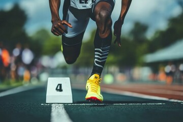 Sprinter taking off from starting block on running track