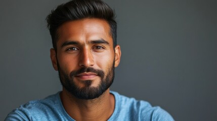 Naklejka premium A young man with a beard and a slight smile looks directly at the camera against a gray background.