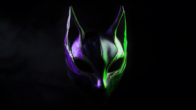 Glowing green and purple mask with eerie accents along the snout and ears contrasted against a black background