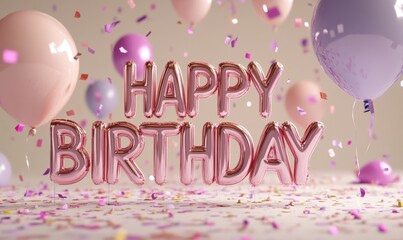"HAPPY BIRTHDAY" in pink metallic letters, on the background there are confetti and balloons in shades of light purple, pink, and beige Generative AI