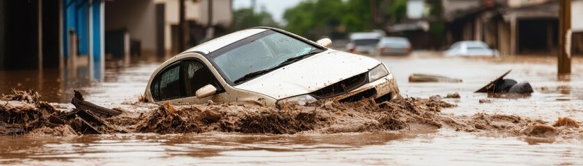 Flash floods surging through a town after a dam breaks, sweeping away cars and debris, town flood, water catastrophe