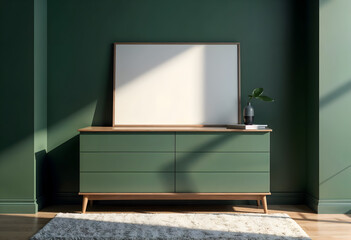 Mock-up frame on a modern commode in a dark green-themed home interior, 3d render