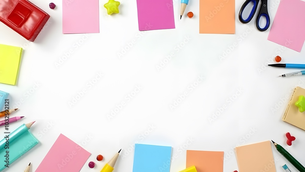Aufkleber Notes have colorful covers with various supplies arranged neatly around them on a plain white surface.