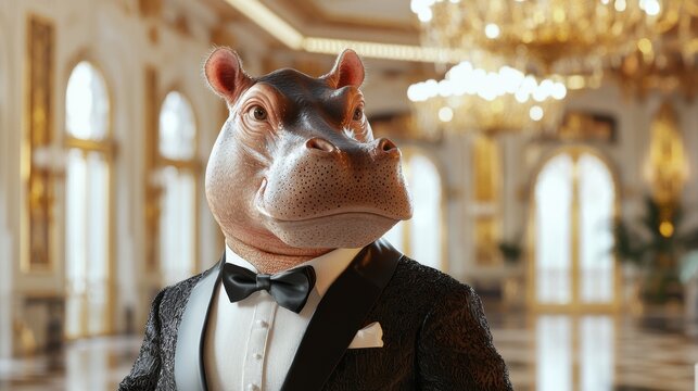 Baby hippo wearing a tuxedo, smug expression, detailed 3D render, elegant ballroom setting with chandeliers