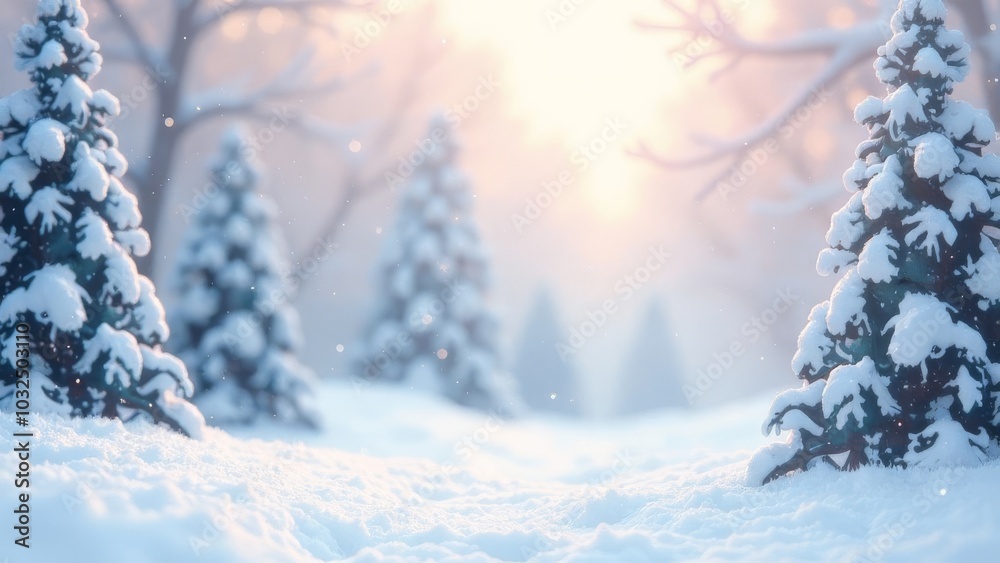 Poster A snowy forest with three pine trees in the foreground. The trees are covered in snow and the sky is a light blue color. Scene is peaceful and serene, as the snow-covered trees create a quiet