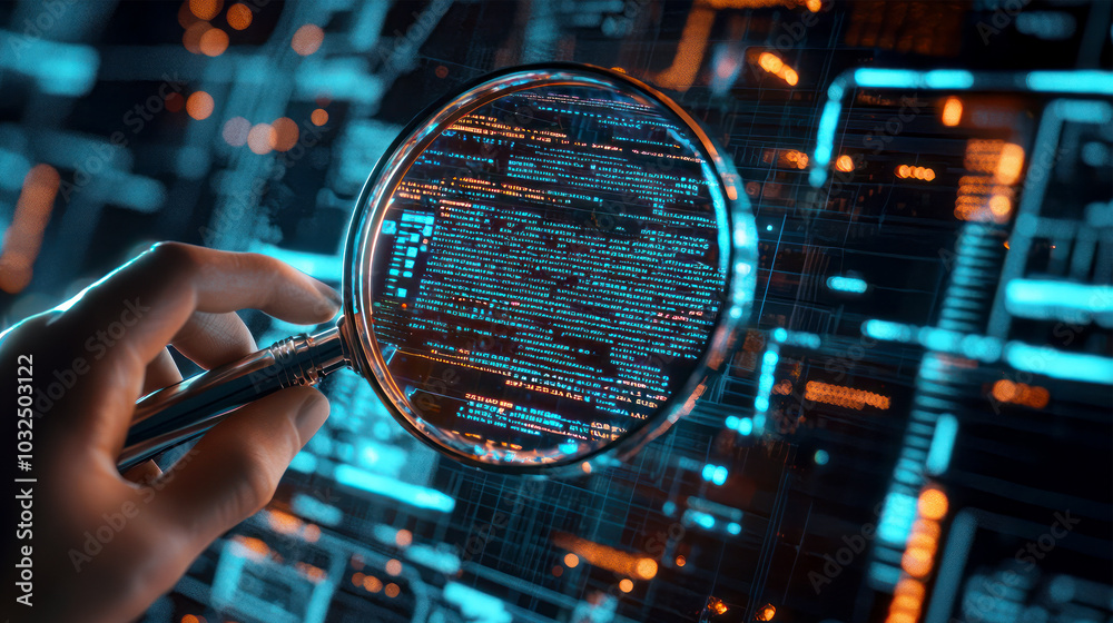 Wall mural male hand holding magnifying glass over digital code interface. data analysis, quality assurance, so