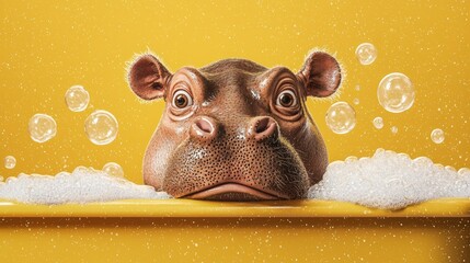 A grumpy baby hippo in a bubble bath, 3D art with vibrant colors, playful bathroom setting with bubbles