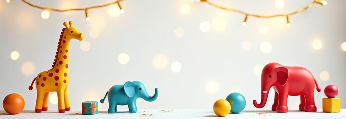 A giraffe, an elephant and a red elephant are standing in front of a white background. There are also several balls