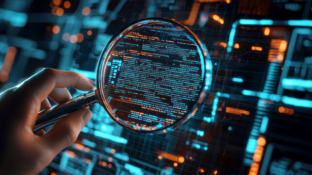 Male hand holding magnifying glass over digital code interface. Data analysis, quality assurance, software testing and debugging