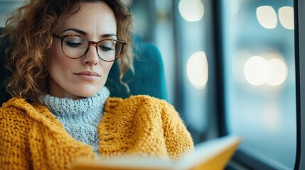 A woman wearing glasses and a warm sweater is sitting comfortably on a bus, deeply engaged in reading a book, surrounded by the cozy ambiance of gently blurred lights.