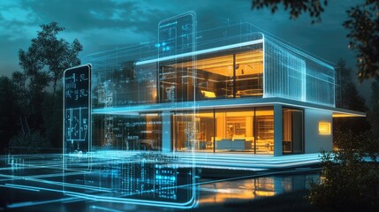 A sleek digital home with an outdoor surveillance system, managed through a smartphone app.