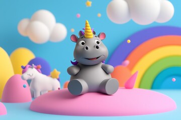 Baby hippo riding a unicorn, sarcastic smirk, detailed 3D fantasy illustration, rainbow-colored landscape