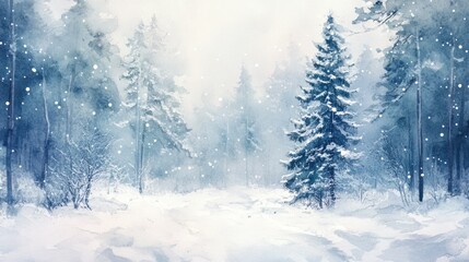 Watercolor snowy forest scene, trees glistening with fresh snow, tranquil festive winter ambiance.