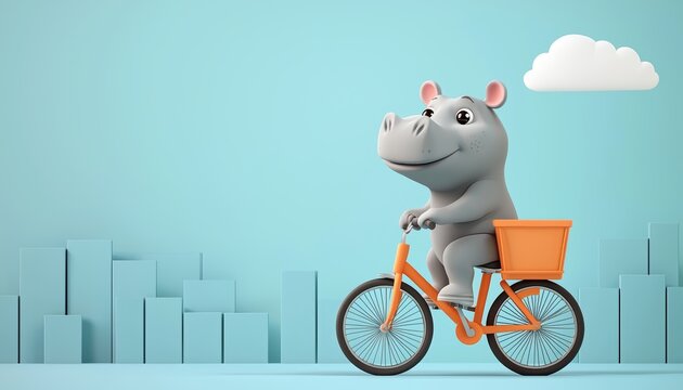 Snarky baby hippo on a bicycle, exaggerated 3D cartoon style, vibrant city park backdrop with playful details