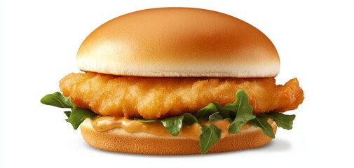 A perfectly fried fish fillet in a shiny brioche bun with fresh greens and sauce, exuding the irresistible appeal of fast food with an artisanal touch